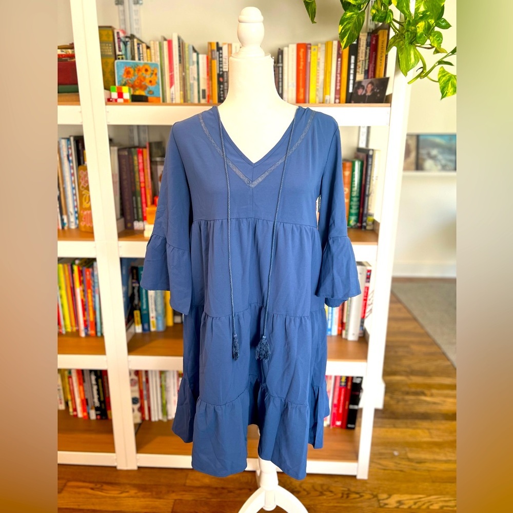 Tiered Dress Half Sleeves Ruffles Dusky Blue M/L Knee Length